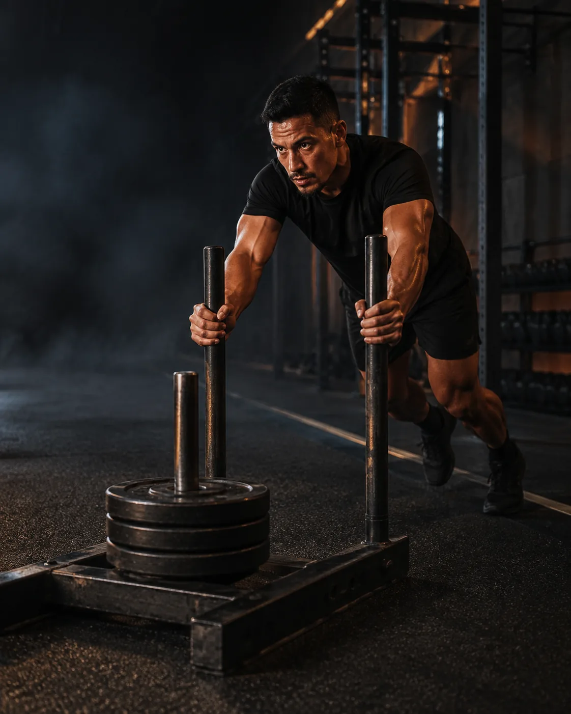 Atleta empujando un trineo de entrenamiento